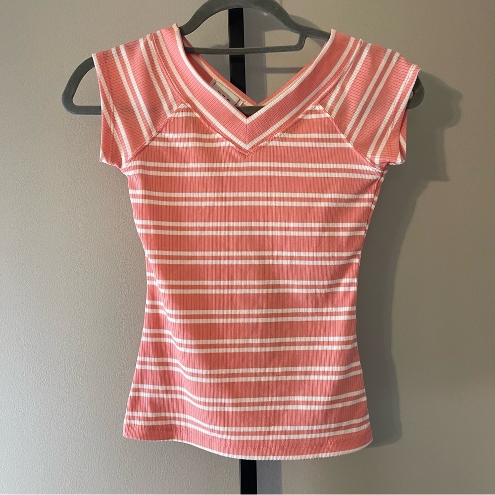 BDG Coral and White Striped Short Sleeve Top